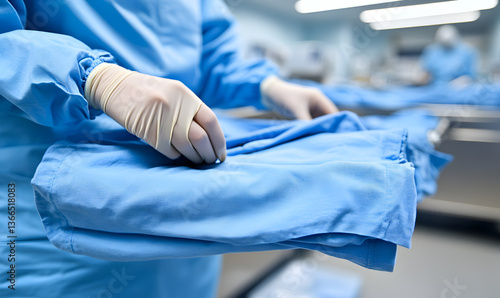 Close-up of gloved hands preparing blue surgical drapes in a medical setting