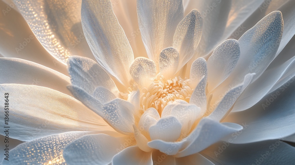 Close-up of a luminous white flower with delicate petals and golden center, illuminated by soft light.