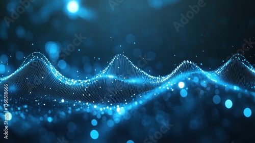 Abstract Blue Wave Pattern with Glittering Particles and Bokeh Effect for Technology Science