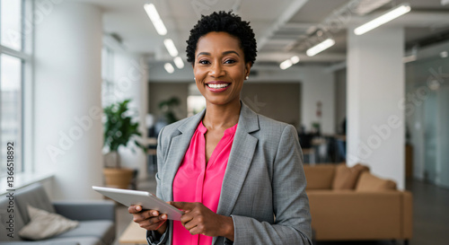 A confident businesswoman smiles with her touchpad in hand, ready to conquer the business world.

