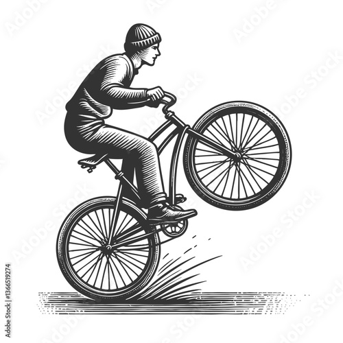 Man Performing Bicycle Wheelie vector illustration