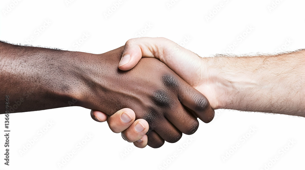 Fototapeta premium Two Diverse Hands Clasping in a Firm Handshake Against a White Background