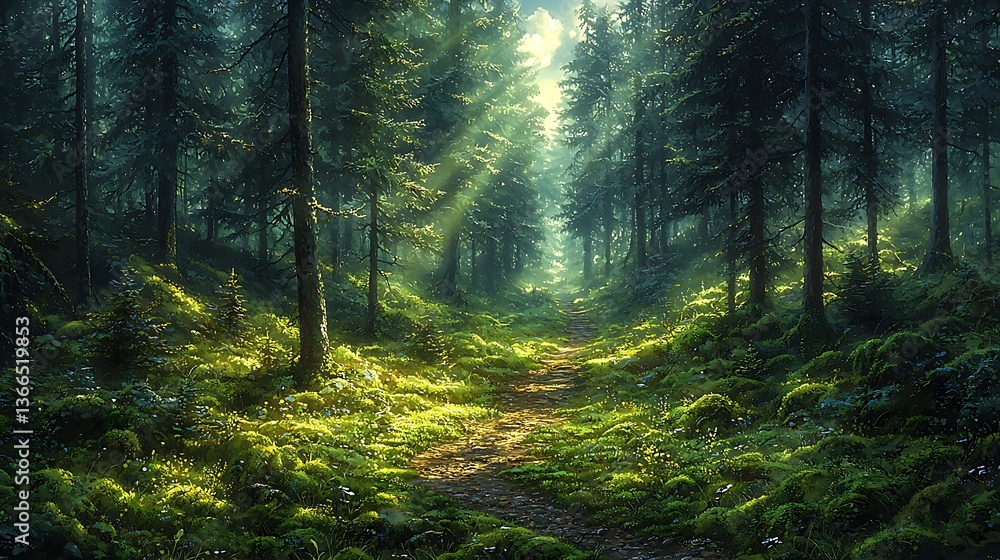 Obraz premium Vibrant sunlight shining through pine tree path high resolution picture