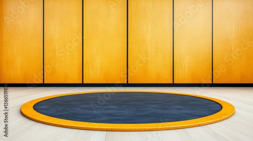 Small Round Trampoline Against A Wood Panel Wall