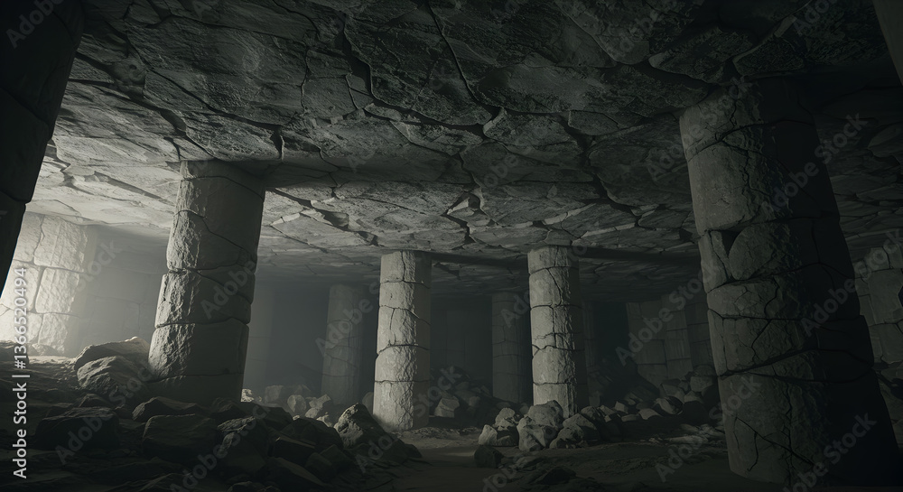 Fototapeta premium Subterranean Stonework: Pillars in a cavern supporting a cracked roof structure