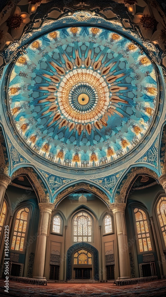 Obraz premium Intricate Dome Ceiling of a Mosque, Architectural Detail, Religious Interior, Prayer Hall