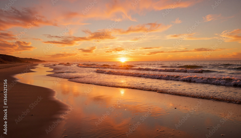 Tranquil sunset reflection on wet sand at peaceful beach, serenity Tranquil sunset reflection on wet sand at peaceful beach, serenity