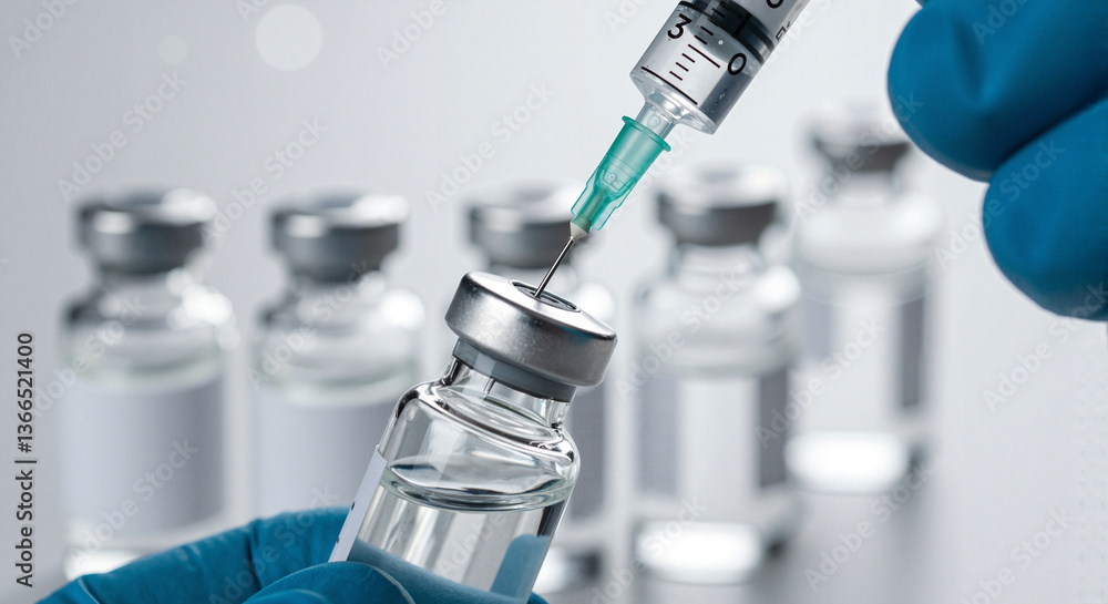 Syringe drawing vaccine from bottle Syringe drawing vaccine from bottle
