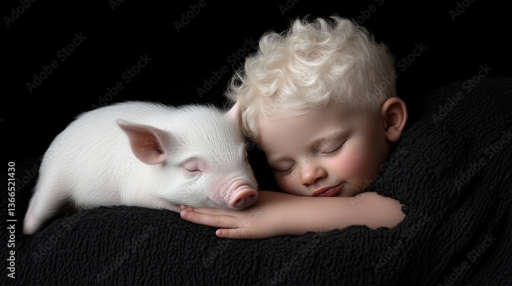 A child and a piglet sleeping peacefully together A child and a piglet sleeping peacefully together
