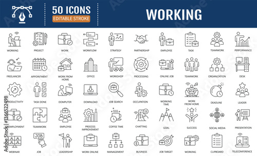Working line editable icon set. Containing job, career, meeting, organization, employment, teamwork, networking and more. Vector Illustration