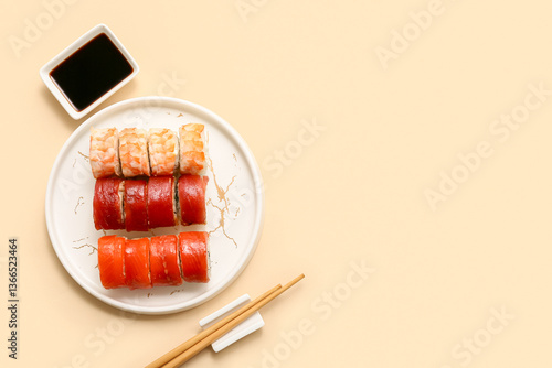 Plate with tasty sushi roll...