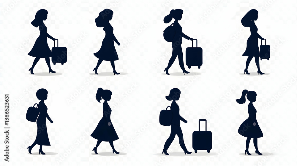 Obraz premium Walking Women Silhouettes With Suitcases and Bags