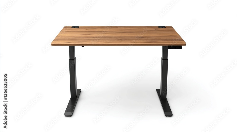 Modern standing desk with wood top and black legs. Modern standing desk with wood top and black legs.