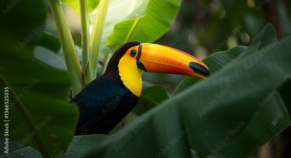 Fototapeta premium Vibrant toucan portrait amidst the lush greenery of tropical banana leaves