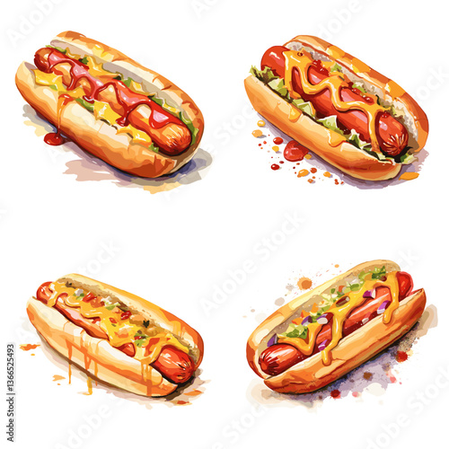 Delicious hot dogs topped with various sauces like ketchup, mustard, and relish, perfect for summer picnics, BBQs, or fast food lovers.

