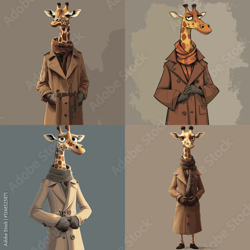 A stylish giraffe character wearing a trench coat and scarf, exuding charm and elegance, perfect for whimsical, fashionable, or animated character designs.

