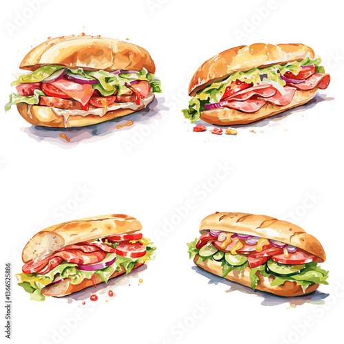 Deliciously fresh sandwiches with layers of lettuce, tomatoes, and ham, perfect for lunch or a quick snack, captured in a vibrant, appetizing illustration.

