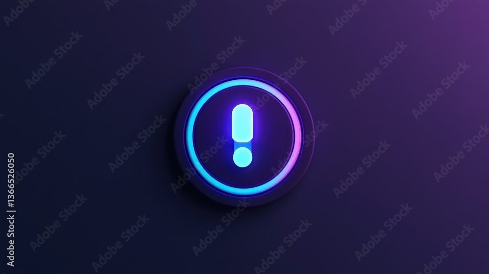 Illuminated Warning Symbol A Glowing Exclamation Mark in a Circular Frame with Neon Blue and P Illuminated Warning Symbol A Glowing Exclamation Mark in a Circular Frame with Neon Blue and P