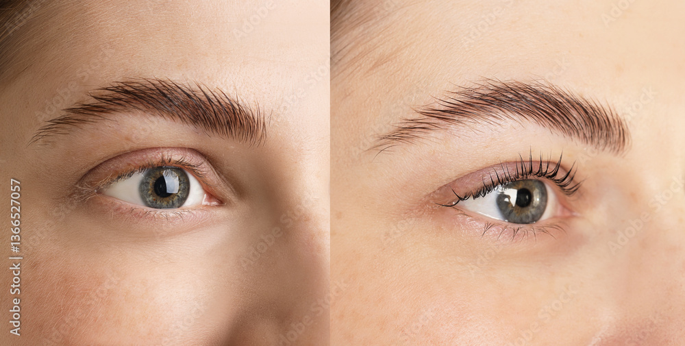 Fototapeta premium Woman showing her eyelashes before and after lamination procedure, closeup. Collage of photos