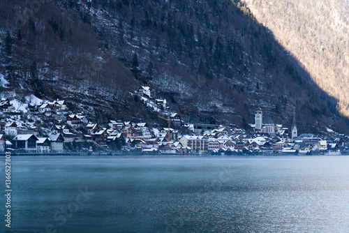 Bright sunny winter day, Alps, Hallstatt lake and village view.