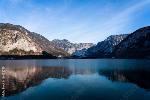 Bright sunny winter day, Alps, Hallstatt lake and village view.