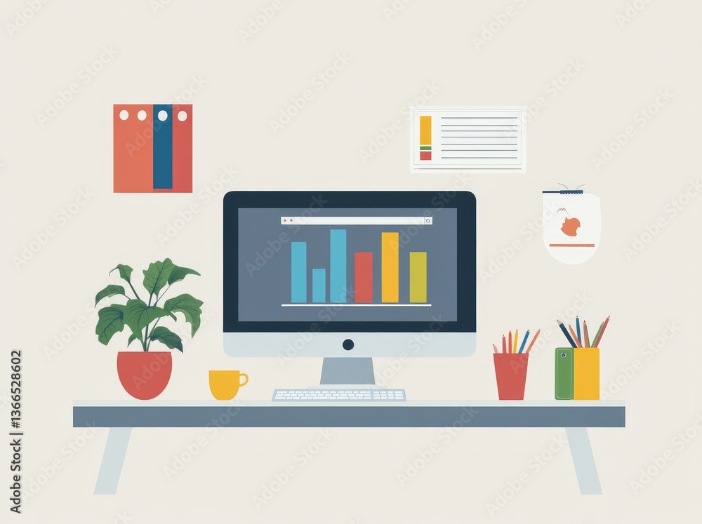 Desk Workspace with Computer Showing Bar Graph and Office Supplies Desk Workspace with Computer Showing Bar Graph and Office Supplies
