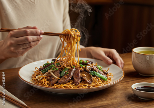 A steaming plate of stir-fried noodles with tender beef slices, shiitake mushrooms, and fresh green vegetables served with a side of soy sauce and a cup of tea