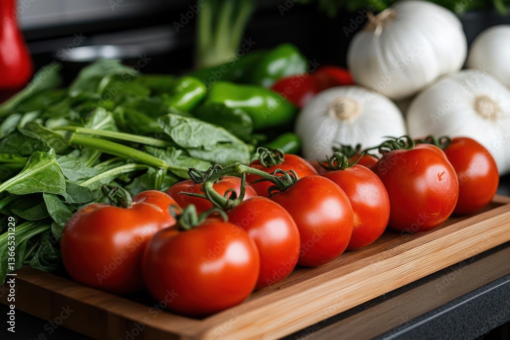 Close Up of Fresh Tomatoes Garlic and Green Vegetables on Wooden Board Close Up of Fresh Tomatoes Garlic and Green Vegetables on Wooden Board