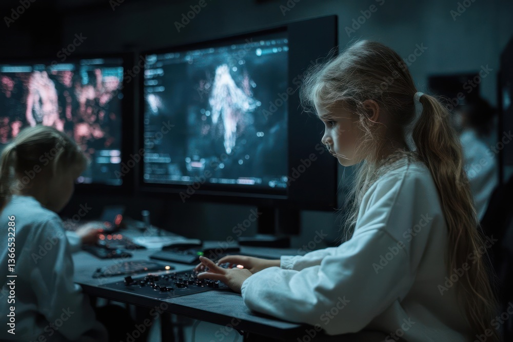 Two Young Girls Focused on Computer Screens in Dark Room One Typing on Keyboard Monitors Display Graphics Two Young Girls Focused on Computer Screens in Dark Room One Typing on Keyboard Monitors Display Graphics
