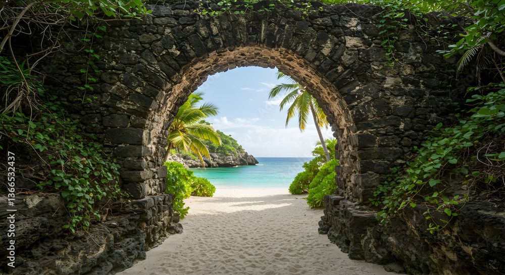 Obraz premium Enchanting stone archway framing a pristine beach paradise with azure waters