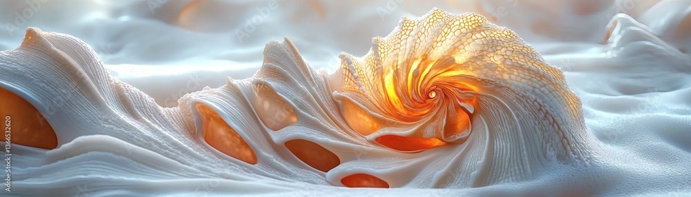 An abstract, artistic rendering of a shell, radiating with light and intricate details An abstract, artistic rendering of a shell, radiating with light and intricate details