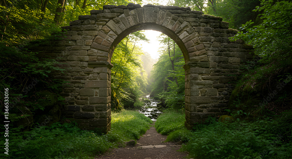 Fototapeta premium Enchanting stone archway leading to a verdant valley with flowing stream