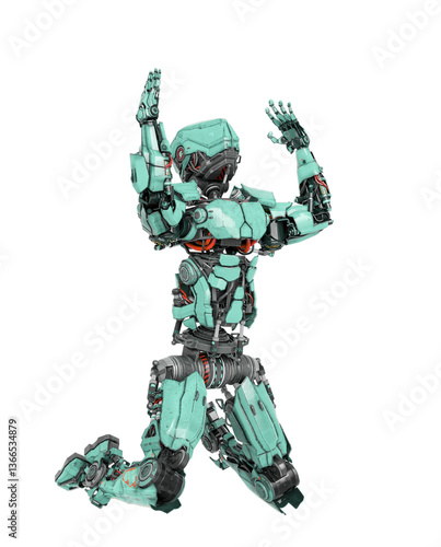 robot soldier is on his knees and praying