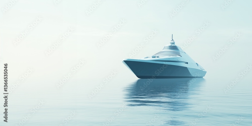 Fototapeta premium Luxury yacht sailing on calm sea in misty morning light, copy space