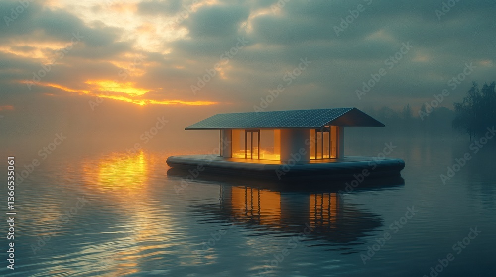 A serene waterside house at sunset, capturing tranquility in a misty environment A serene waterside house at sunset, capturing tranquility in a misty environment