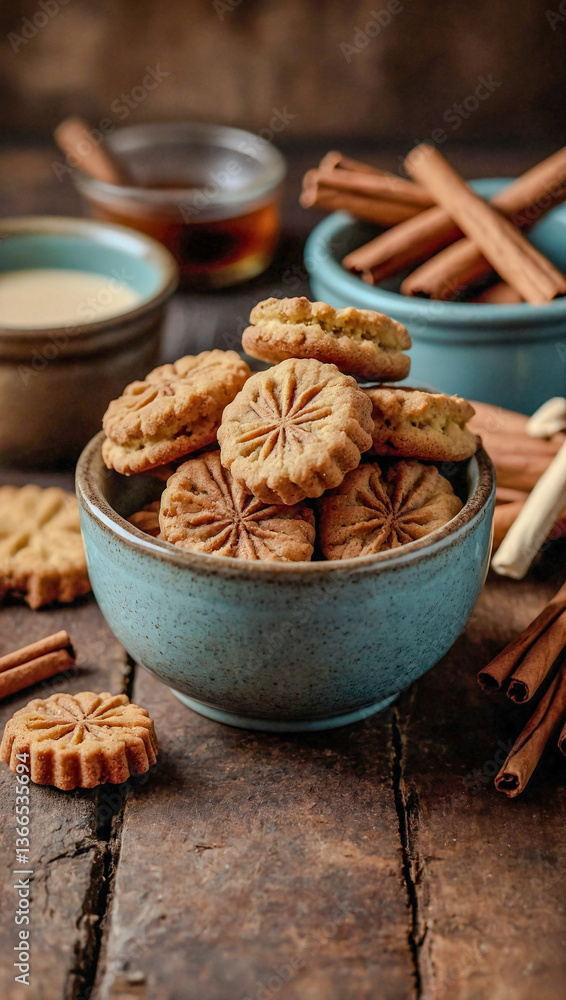 Ceramic ramekin filled with Pfeffernusse cookies, surrounded by decorative cinnamon sticks on a rustic surface. Ceramic ramekin filled with Pfeffernusse cookies, surrounded by decorative cinnamon sticks on a rustic surface.