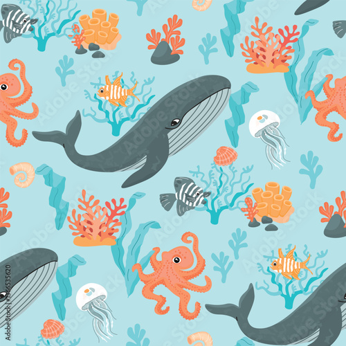 Underwater wildlife seamless pattern with whale, fish, octopus, algae, corals, jellyfish. World Ocean Day background with cartoon sea animals. Colorful print on fabric and paper. Vector illustration.