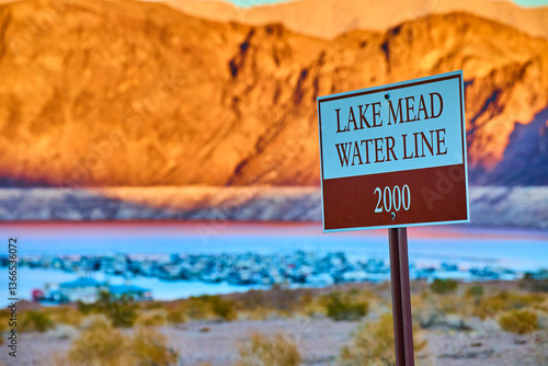 Lake Mead Water Line Sign with Desert Backdrop at Eye Level