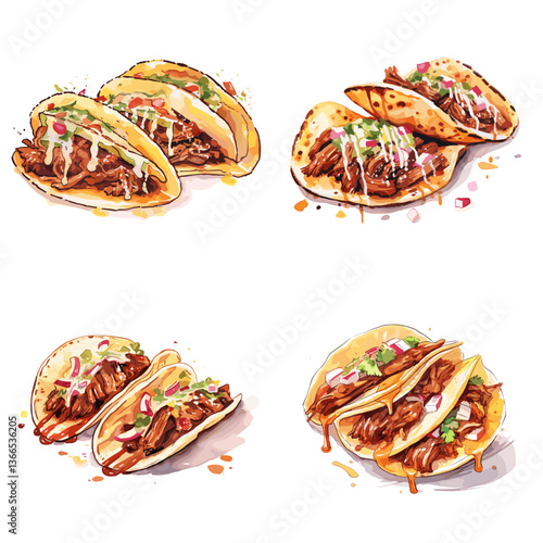 Set of delicious beef tacos filled with grilled meat, vegetables, and cheese. Perfect for Mexican cuisine, food illustrations, and taco night promotions or restaurant menus.

