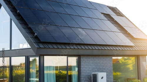 Modern Dutch Home Showcasing Sustainable Living. Solar Panels Gleam, Ensuring Energy Efficiency And Highlighting Architectural Design, Providing A Beautiful Home. The Air Source Heat Pump Offers Eco