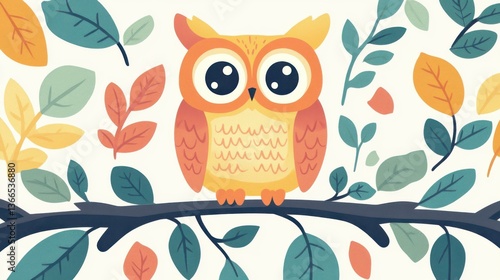 A whimsical D cartoon owl perched among textured tree branches, combining modern art with playful charm.