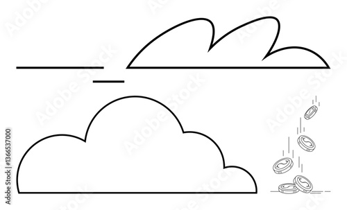 Two cloud outlines with coins falling down evoke themes of wealth, savings, cloud services, innovation, technology, digital economy, and finance. Ideal for fintech concepts, modern wealth flat
