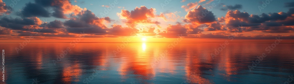 Stunning golden sunset over calm ocean waters, clouds reflecting in the water. An ideal scene for tranquility and serenity. Stunning golden sunset over calm ocean waters, clouds reflecting in the water. An ideal scene for tranquility and serenity.