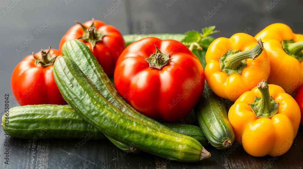 A vibrant summer harvest of juicy tomatoes, crisp cucumbers, and sunny yellow bell peppers, bathed in warm, natural light on a dark wooden surface. A vibrant summer harvest of juicy tomatoes, crisp cucumbers, and sunny yellow bell peppers, bathed in warm, natural light on a dark wooden surface.