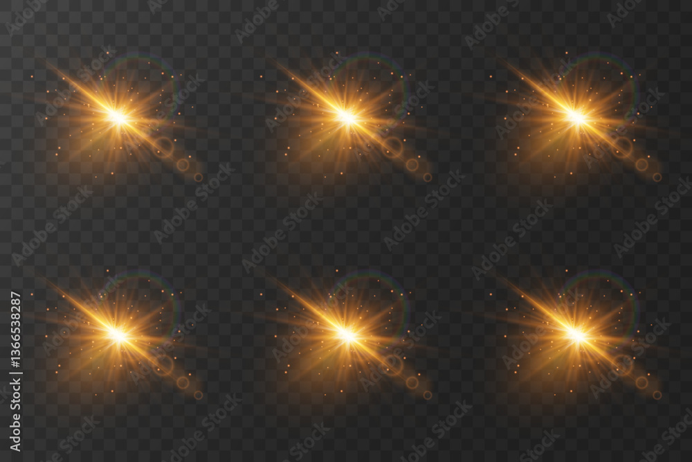 Naklejka premium Set of glowing light effects, magical flash of light and sparkles of stars. On a transparent background.
