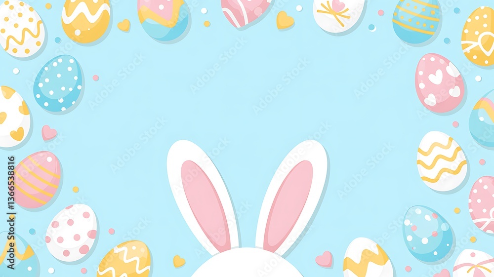 Easter Party Concept with Bunny Ears Colorful Easter Eggs Delicate Spring Flowers on a Pastel Blue Background with Copy Space for Festive Designs Greeting Cards and Holiday Invitations. Easter Holiday Easter Party Concept with Bunny Ears Colorful Easter Eggs Delicate Spring Flowers on a Pastel Blue Background with Copy Space for Festive Designs Greeting Cards and Holiday Invitations. Easter Holiday