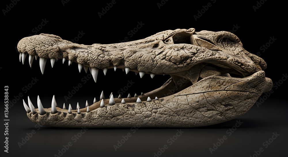 Obraz premium Dramatic Crocodile Skull Specimen with Exposed Teeth on a Deep Black Backdrop