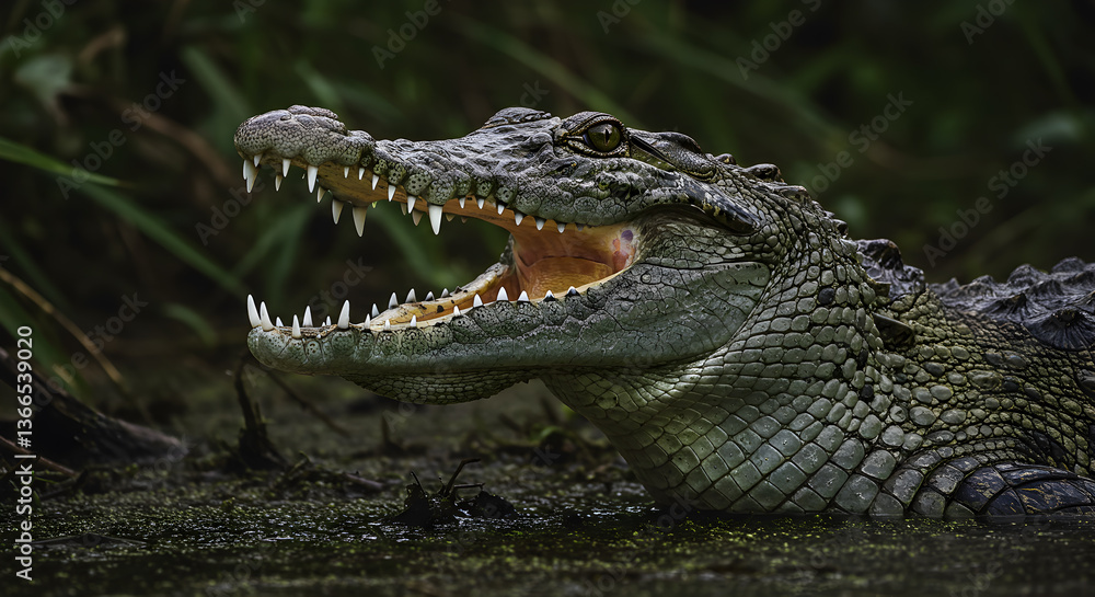 Fototapeta premium Detailed portrait of a crocodile with jaws wide open showcasing its sharp teeth