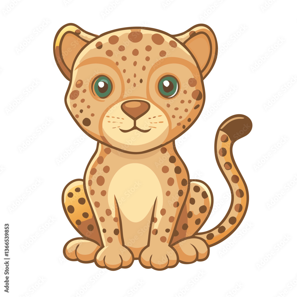 Obraz premium A charming illustration of a playful cheetah cub, featuring a unique design. The cub, with its signature spots and expressive eyes, is poised and alert
