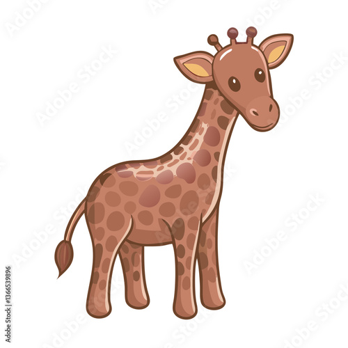 A charming cartoon giraffe with spots, standing tall with an inquisitive expression. This illustration captures the essence of the African savannah, filled with warmth and gentle joy